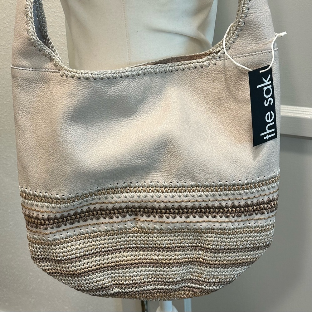 The Sak 120 Medium Leather Tan and Cream Crochet Hobo Bag - Picture 2 of 6